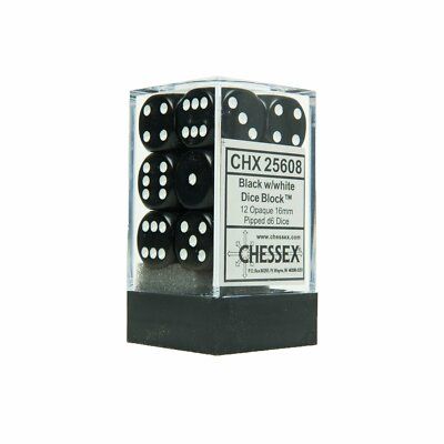 Chessex: 16mm d6 Dice Block (12 dice) - Opaque Black/White