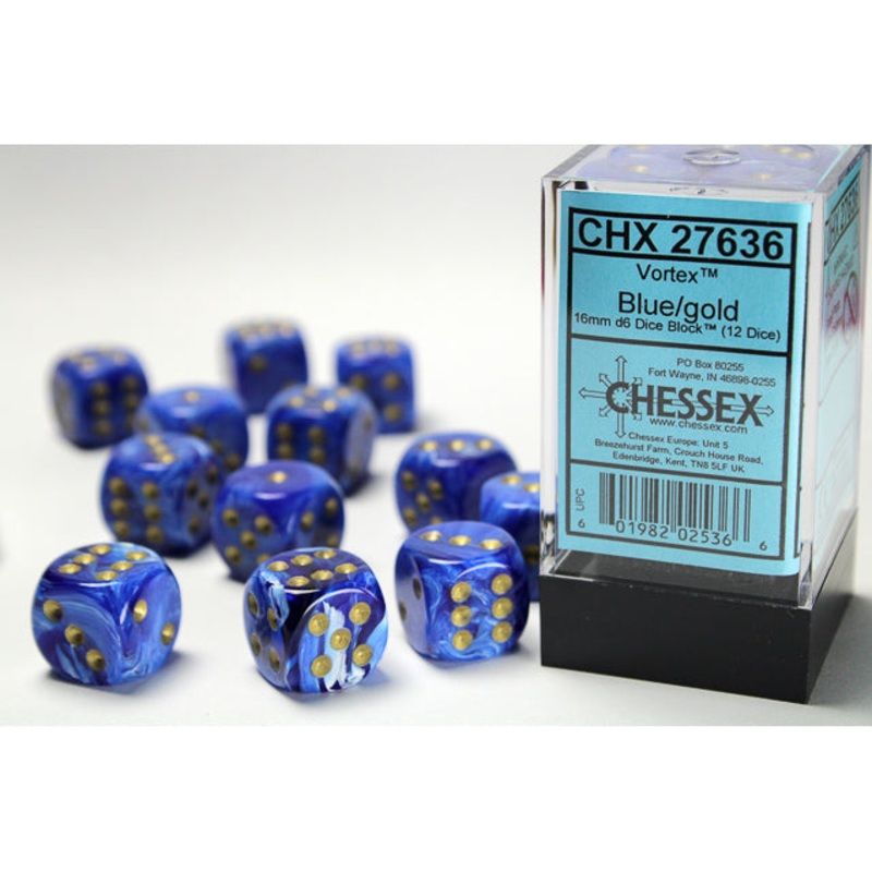 Chessex: 16mm d6 Dice Block (12 dice) - Vortex Blue/Gold