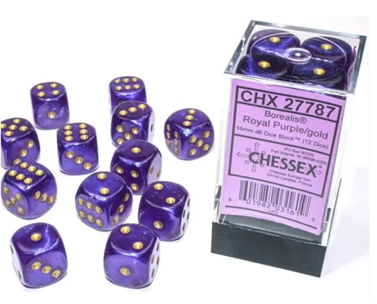 Chessex: 16mm d6 Dice Block (12 dice) - Borealis Royal Purple/Gold