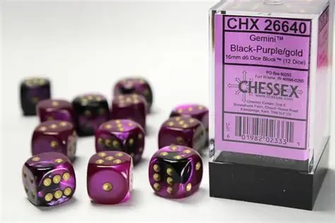 Chessex: 16mm d6 Dice Block (12 dice) - Gemini Blac-Purple/Gold