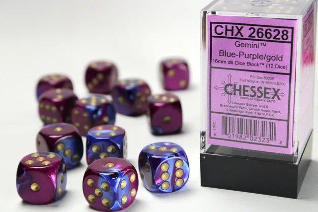 Chessex: 16mm d6 Dice Block (12 dice) - Gemini Blue-Purple/Gold