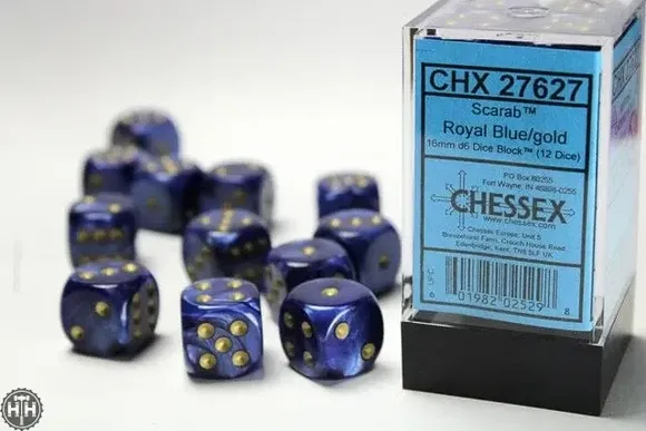 Chessex: 16mm d6 Dice Block (12 dice) - Scarab Royal Blue/Gold