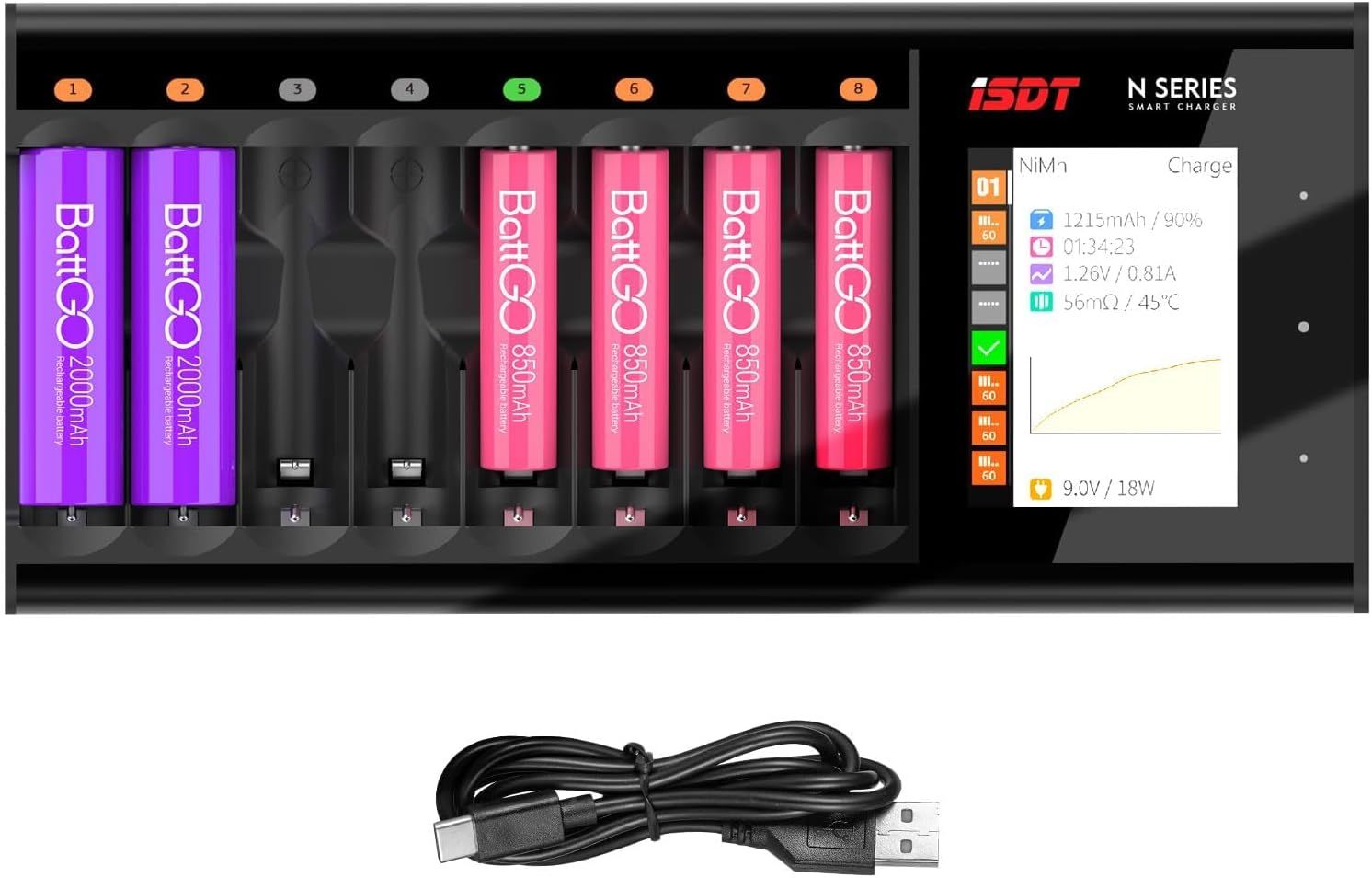 ISDT N8 8-Slot Battery Charger Smart Rechargeable Battery Charging Station w/Anker Power Brick