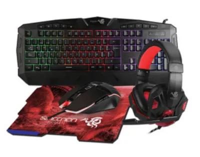Necnon Kit Gamer de Teclado, Mouse, Mousepad y Audífonos Kraken, Alámbrico, USB, Rojo (Español)