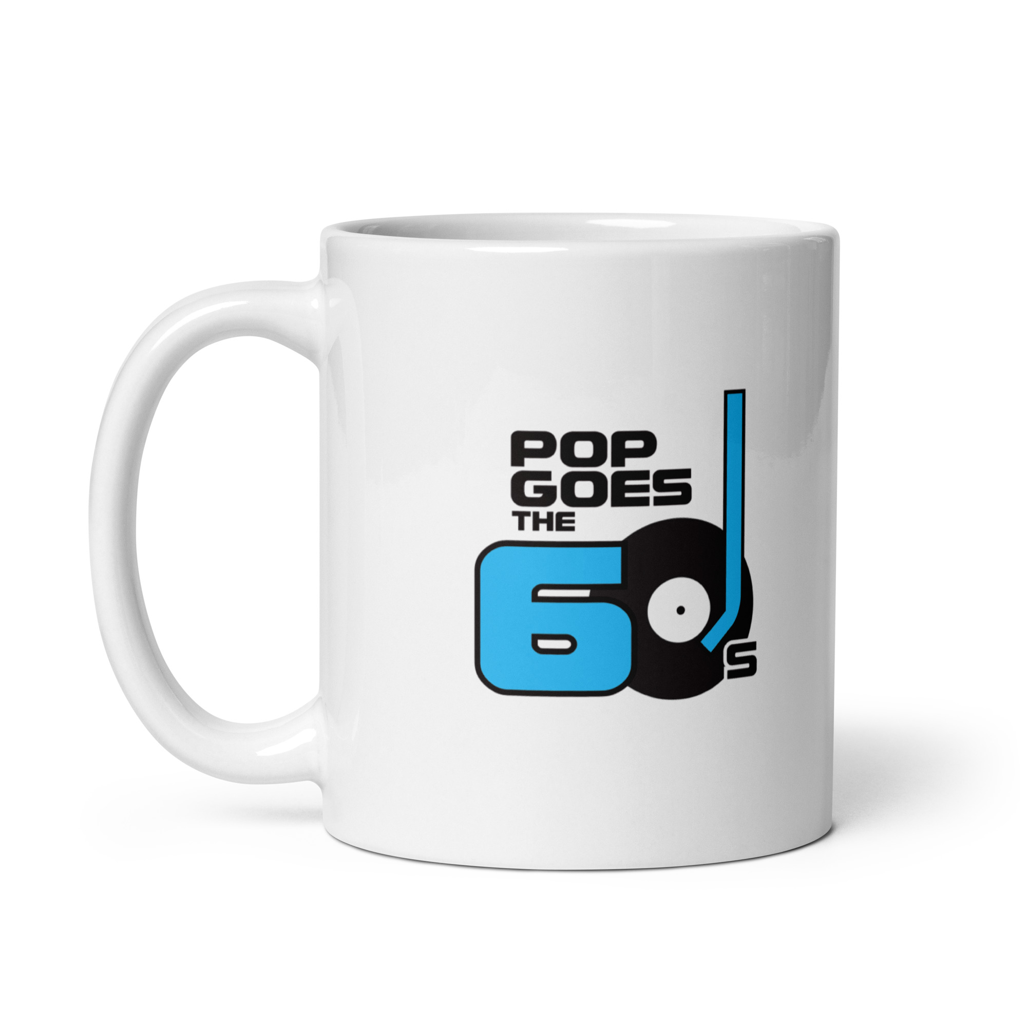 White glossy mug Blue Pop Goes the 60s
