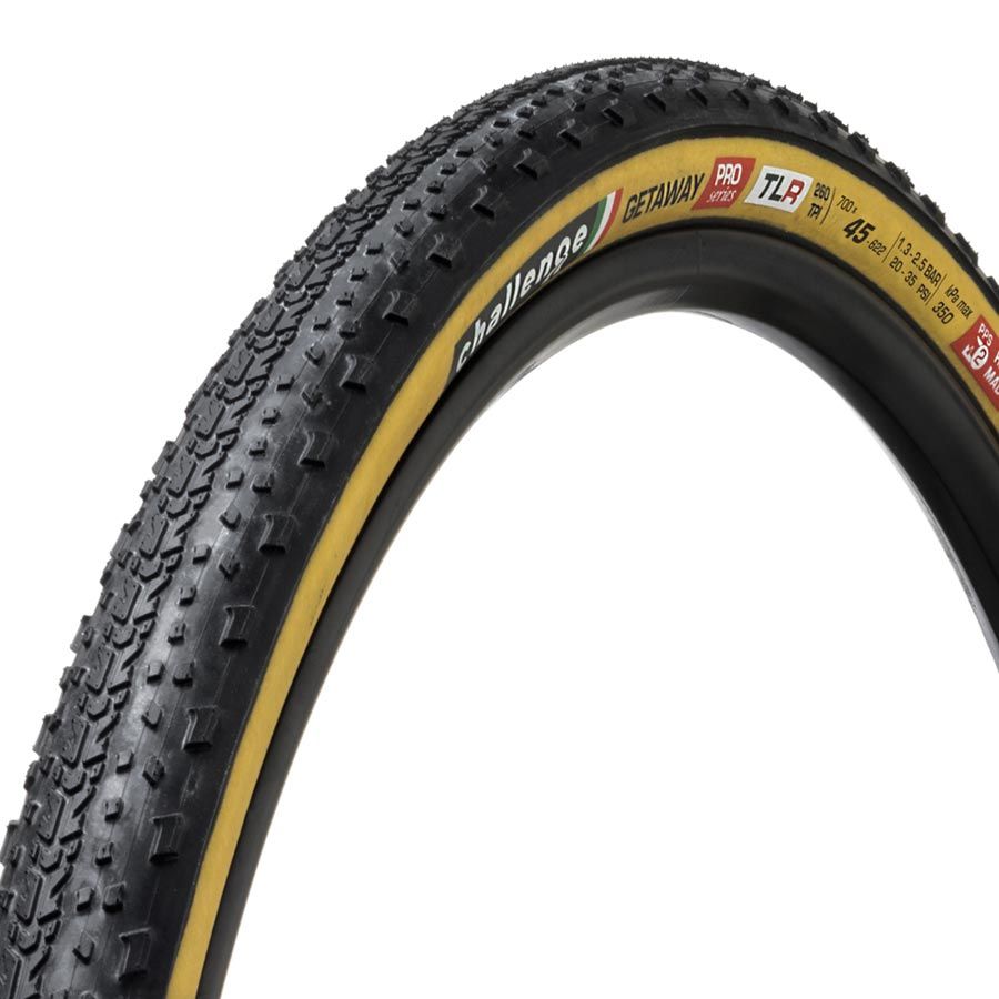 Challenge, GETAWAY Pro TLR, Gravel Tire, 700x45C, Folding, Tubeless Ready, Natural, SuperPoly, PPS, 260TPI, Tanwall