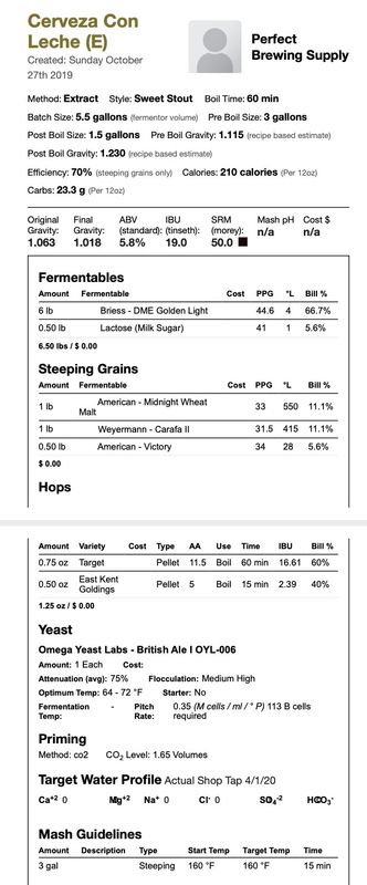Cerveza con Leche (Milk Stout) (Extract Recipe Kit) Beer Kit