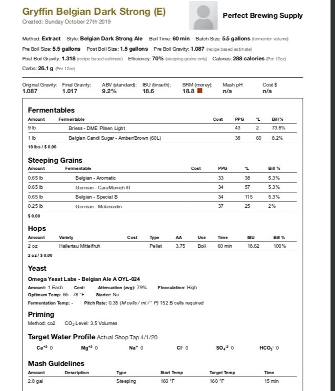 Gryffin Dark Strong Ale (Extract Recipe Kit) Beer Kit