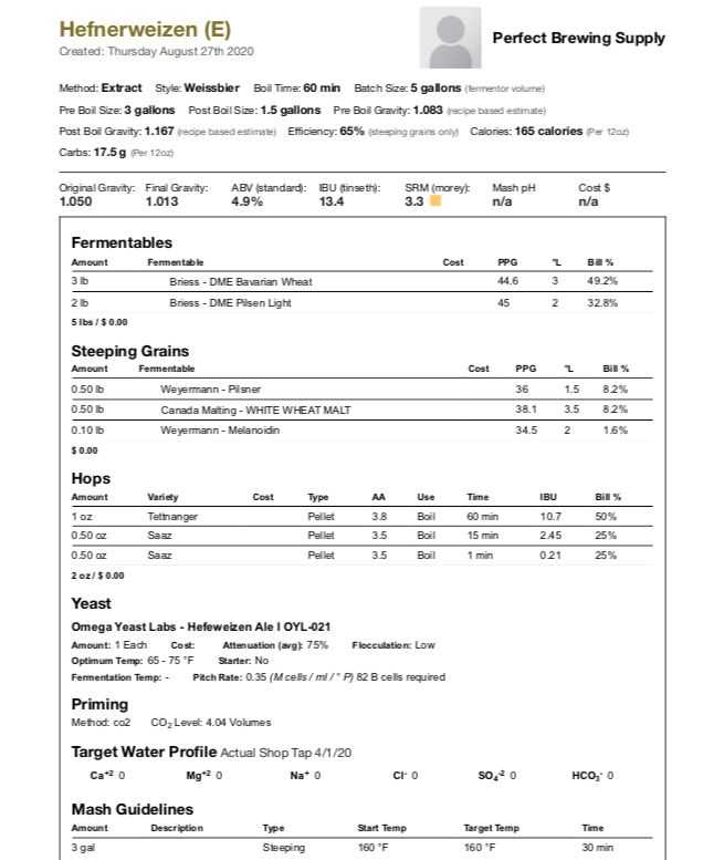 Hefnerweizen (Extract Recipe Kit) PBS  Kit