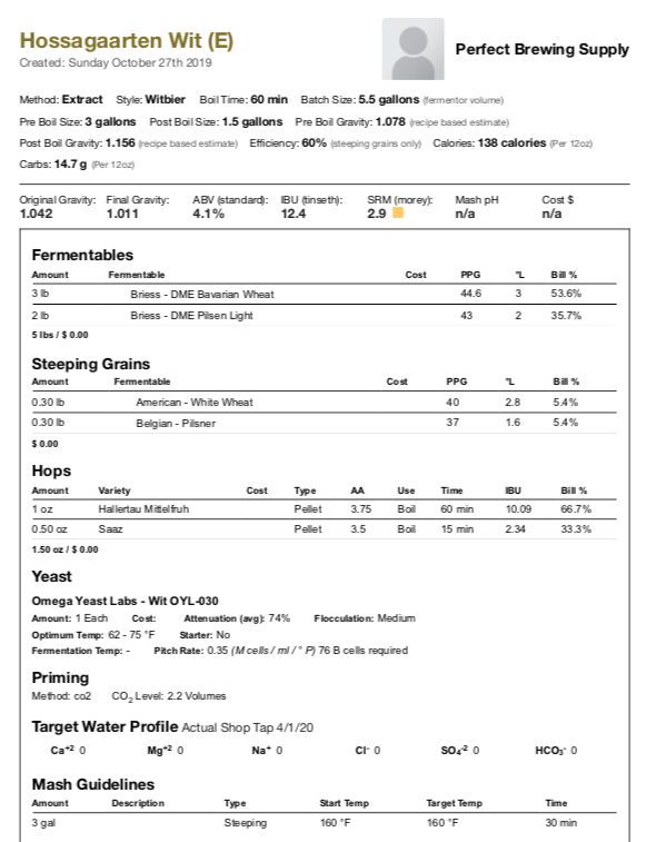 Hossagaarden Belgian Wit (Extract Recipe Kit) Beer Kit