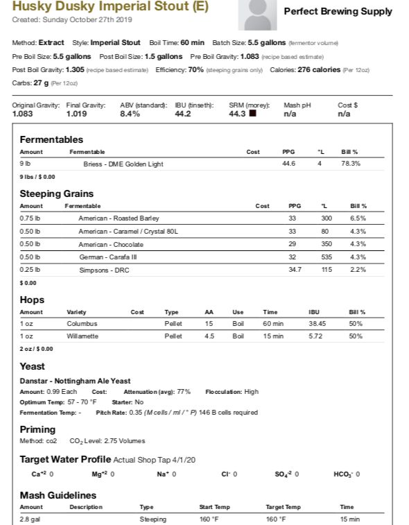 Husky Dusky Imperial Stout (Extract Recipe Kit) Beer Kit