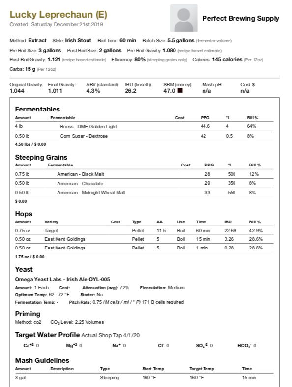 Lucky Leprechaun (Extract Recipe Kit) Beer Kit