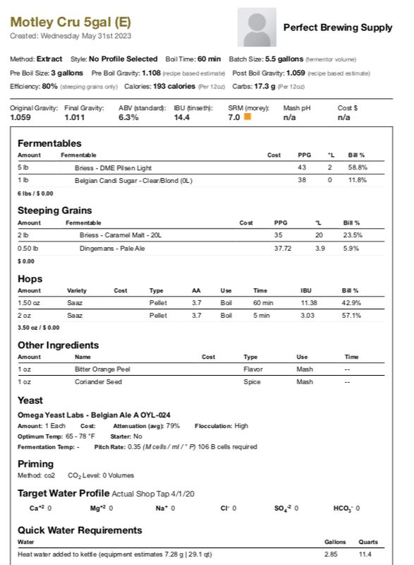 Motley Cru (Extract Recipe Kit) Beer Kit