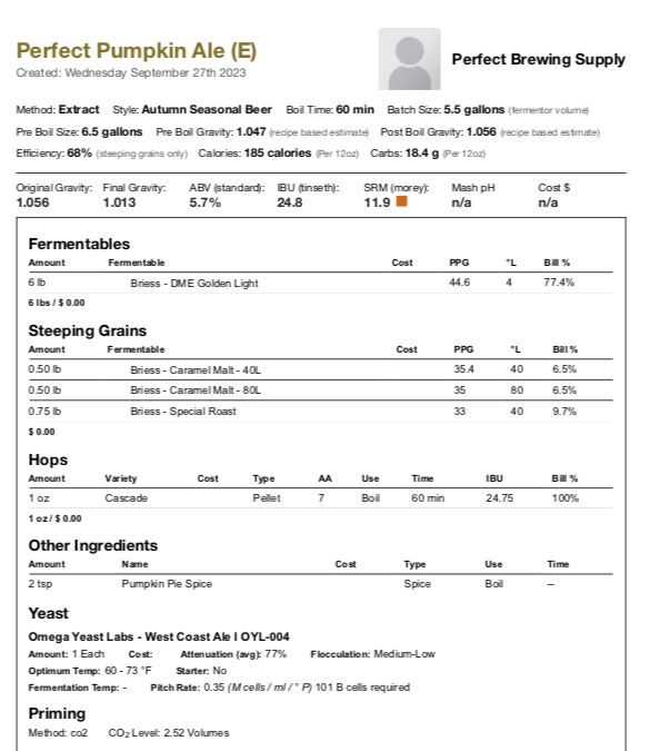 Perfect Pumpkin Ale (Extract Recipe Kit) Beer Kit