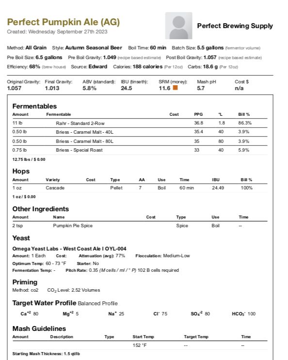 Perfect Pumpkin Ale (All Grain Recipe Kit) Beer Kit