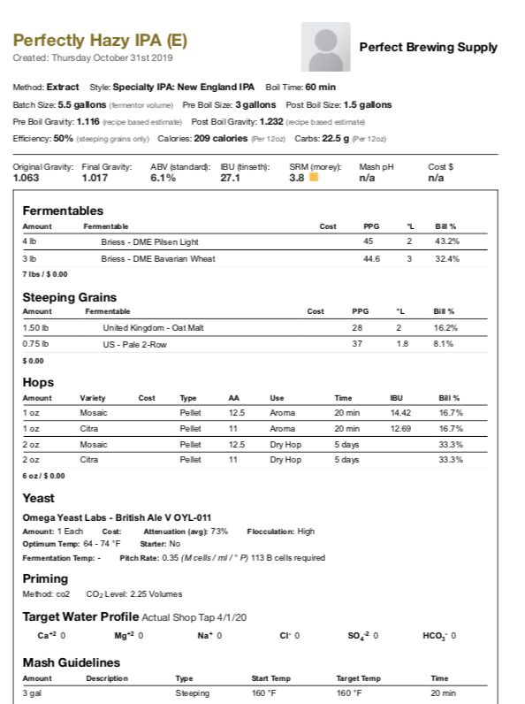 Perfectly Hazy IPA (Extract Recipe Kit) Beer Kit