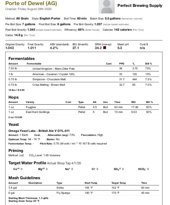 Porte of Dewel | All Grain Recipe Kit | Beer Kit | 5 gal