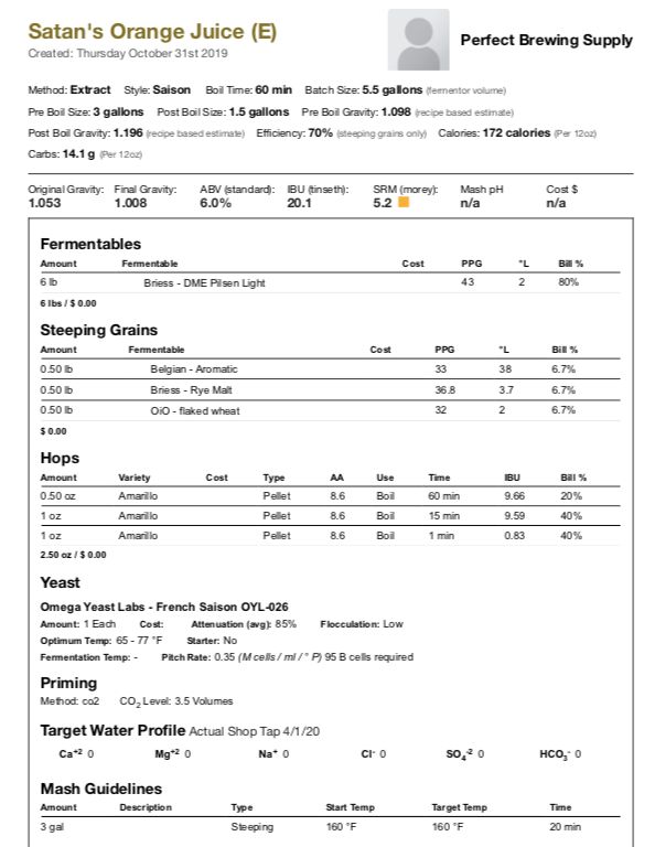 Satan's Orange Juice  (Extract Recipe Kit) Beer Kit