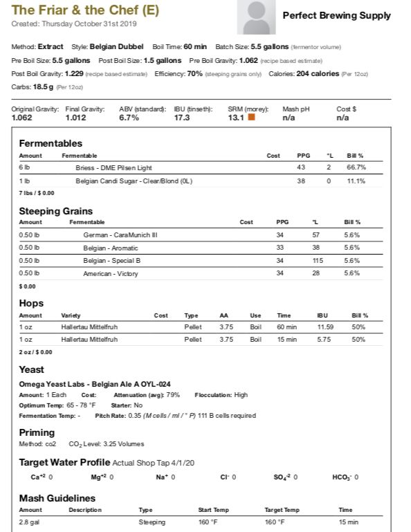The Friar and The Chef - Abbey Dubbel - (Extract Recipe Kit) Beer Kit