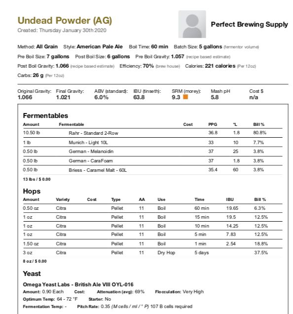 Undead Powder (All Grain Recipe Kit) Beer Kit