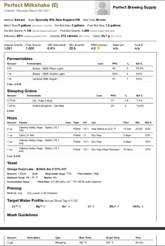 Perfect Milkshake IPA (Extract Recipe Kit) Beer Kit