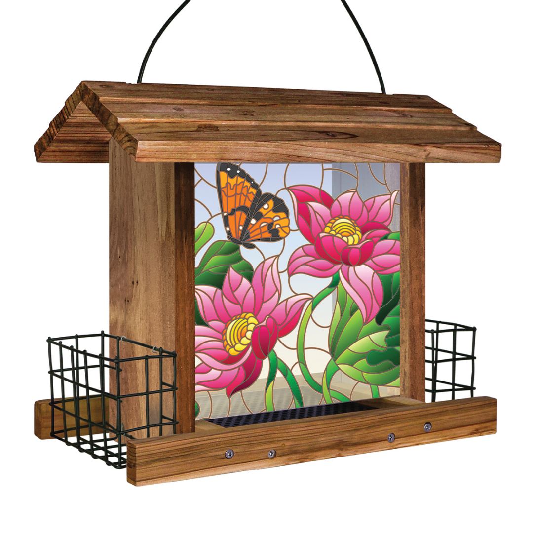 STAINED GLASS HOPPER FEEDER W/SUET CAGES