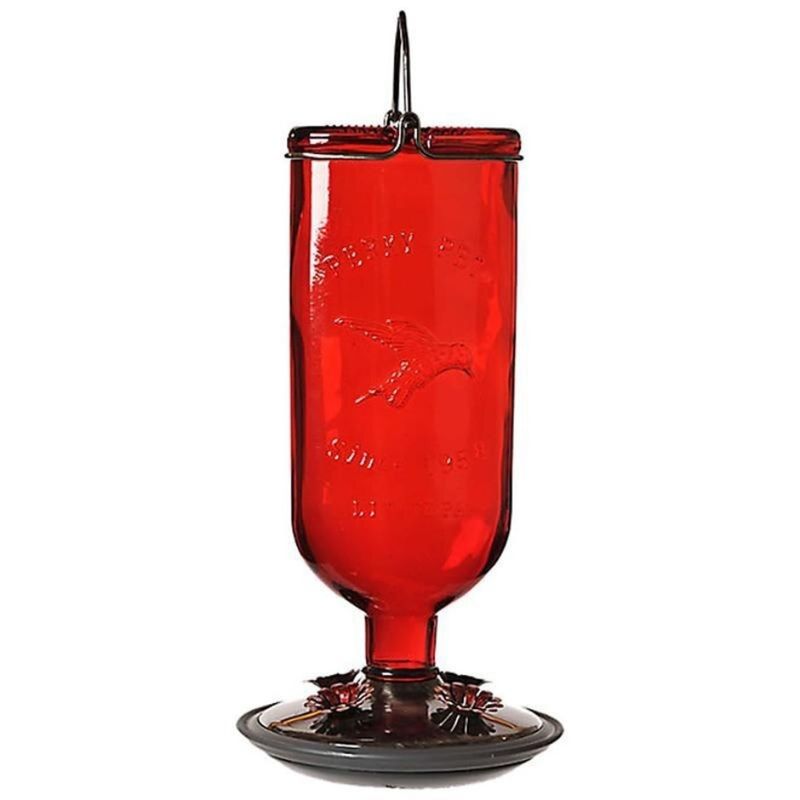ANTIQUE RED GLASS BOTTLE HUMMINGBIRD FEEDER 8109-2