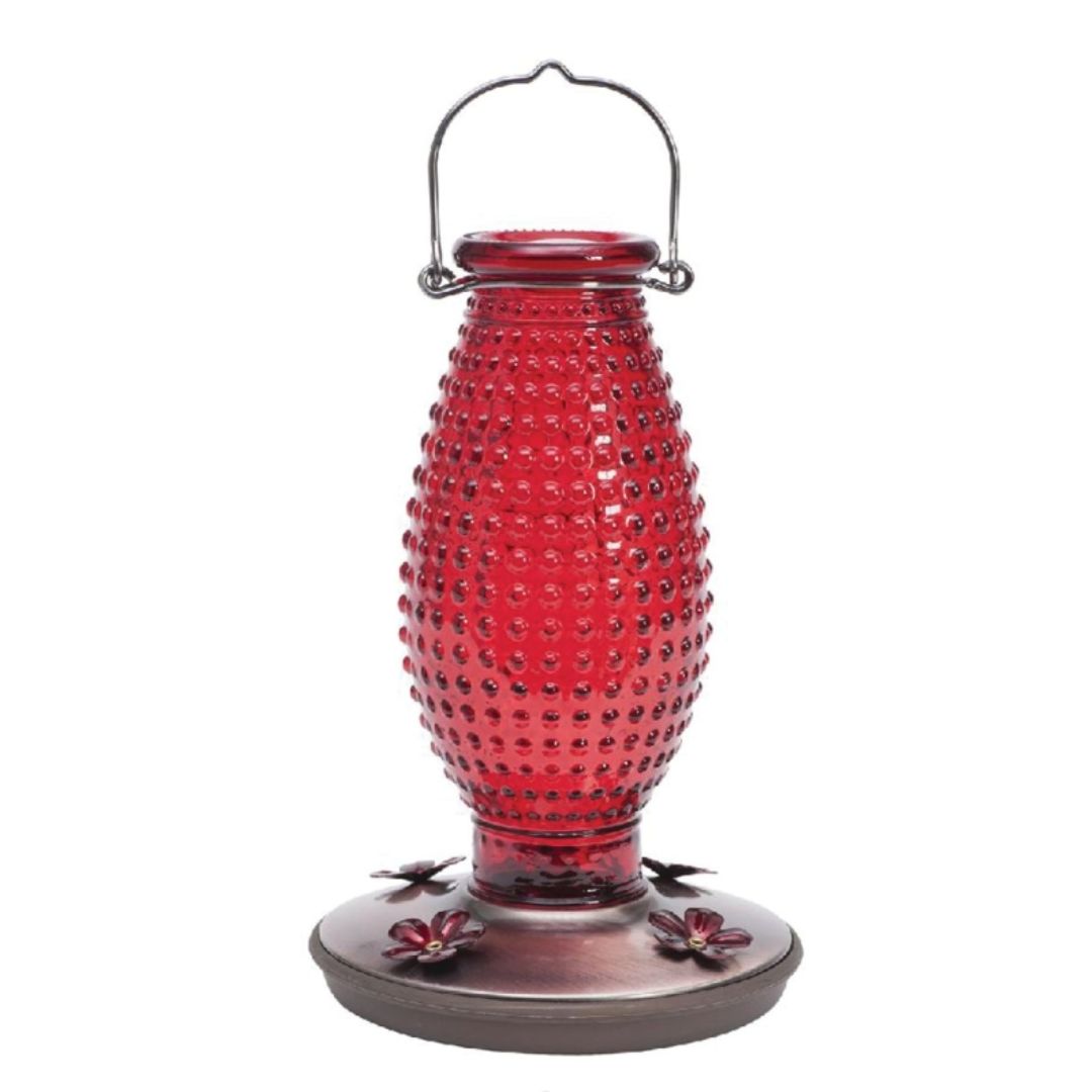 HOBNAIL VINTAGE RED GLASS HUMMINGBIRD FEEDER