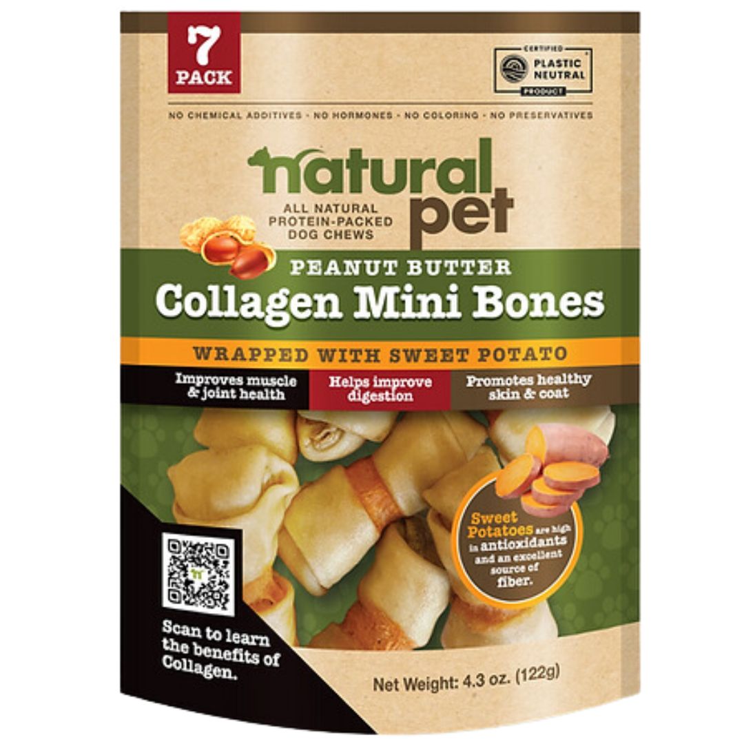 NATURAL PET COLLAGEN MINI PEANUT BUTTER BONES W/SWEET POTATO 7PK