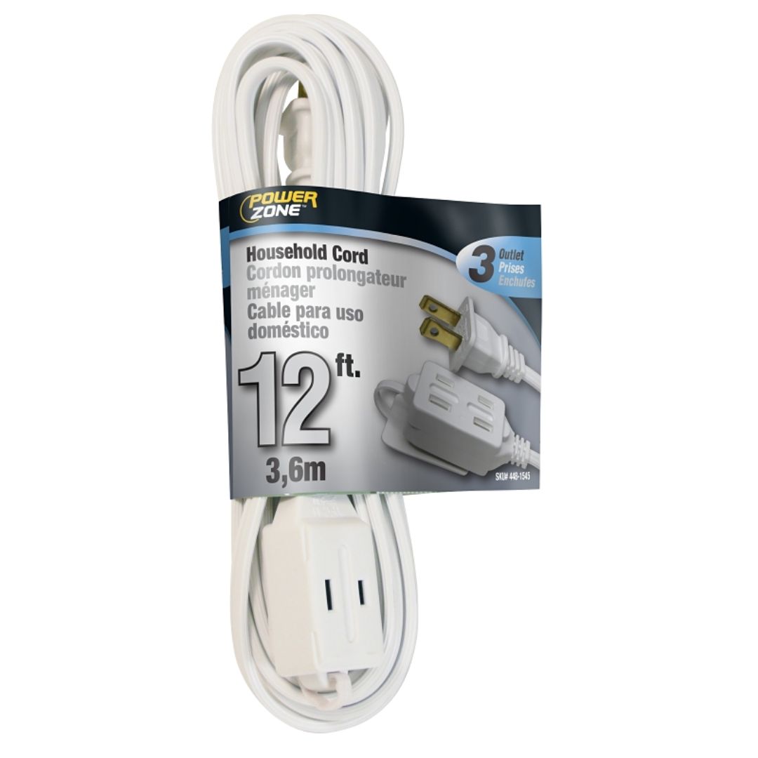 EXTENSION CORD HOUSEHOLD WHITE TRIPLE-TAP 12FT
