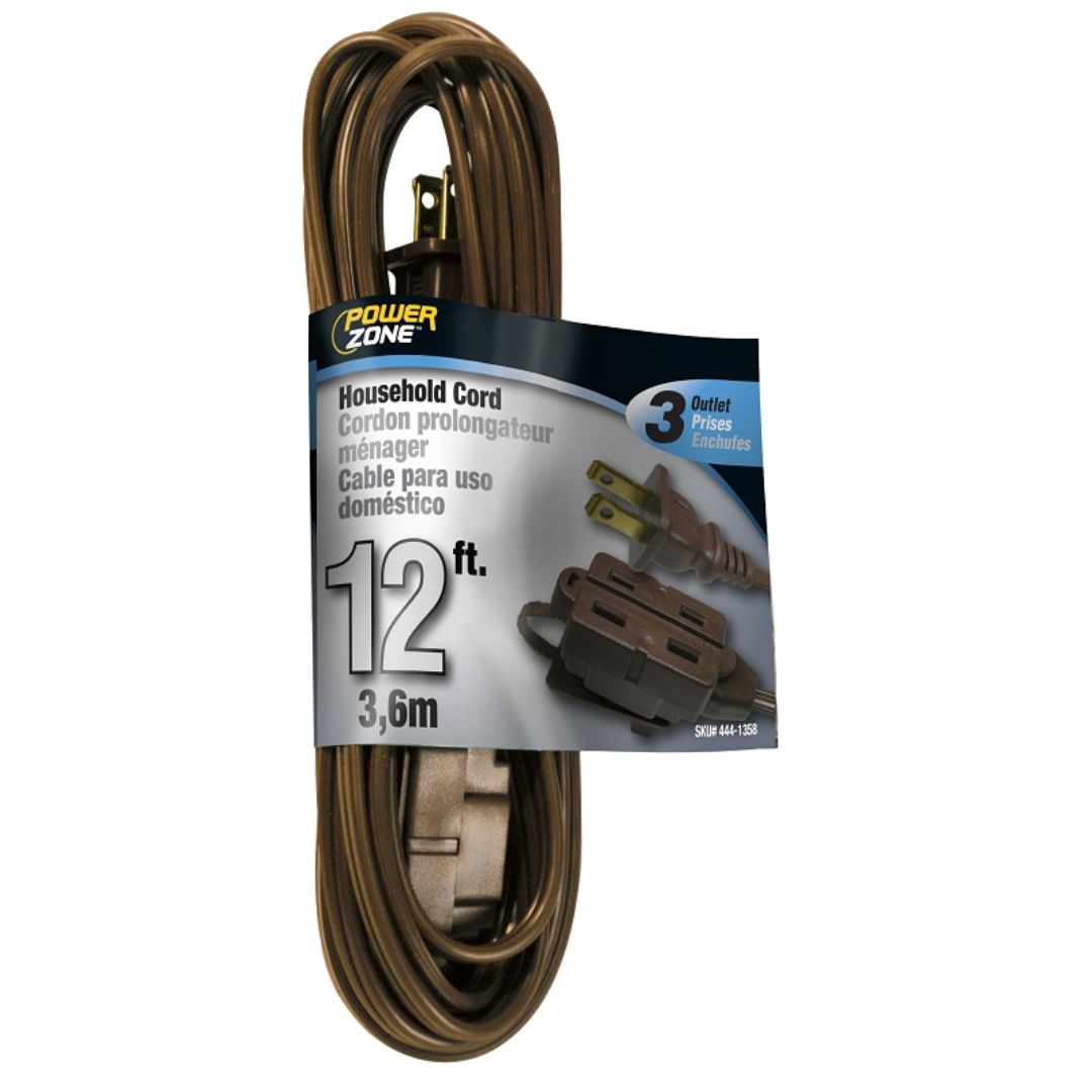 EXTENSION CORD HOUSEHOLD BROWN TRIPLE-TAP 12FT
