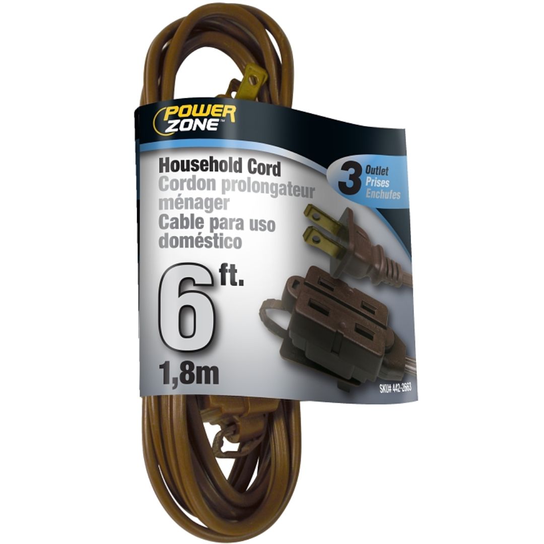 EXTENSION CORD HOUSEHOLD BROWN TRIPLE-TAP 6FT