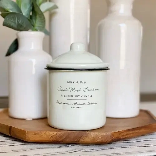 Milk &amp; Pail - Apple Maple Bourbon Soy Candle - 10oz Enamelware Canister