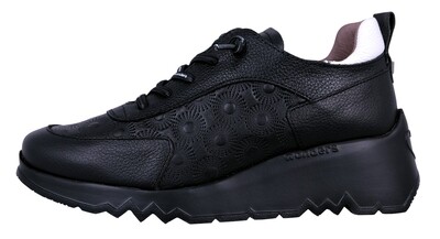 Wonders Eleven : Sneakers à talon compensé pour femme en cuir noir, légères et confortables E-6731