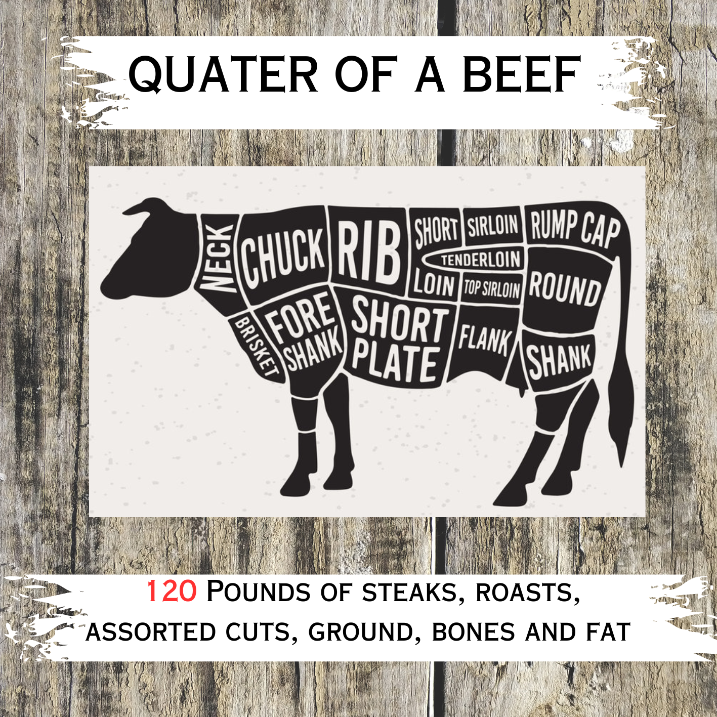 Quarter of a Beef 120 Pounds ( Delivery/ Pick-up 2 weeks after order) Quarter of a Beef 120 Pounds ( Delivery/ Pick-up 2 weeks after order)