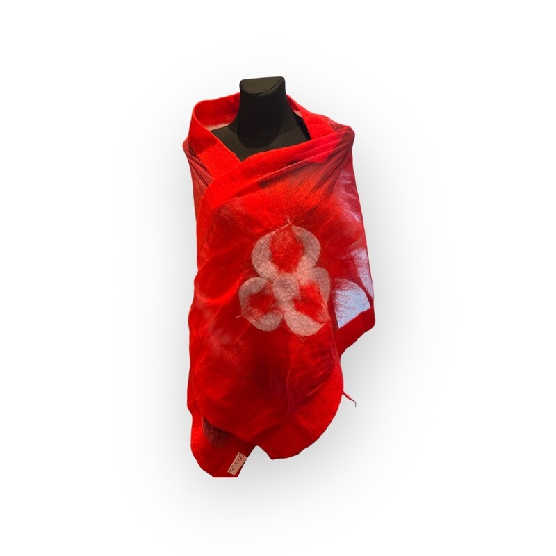 Schal (Stola) “Lady In Red” von Alri-Design. Einzigartige Handarbeit.  NUNO-Technologie aus Merinowolle und Seide.