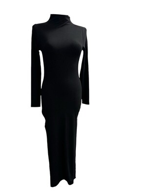 Kleid schwarz mit schönem Seitenausschnitt und kleinen Lederelementen. Gr. S-M.
