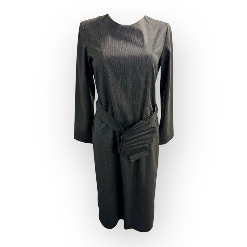 Kleid langärmelig, dunkel-grau mit ausgefallenem Gürtel, tailiert,  Kleingeschnitten. ALRI by Katrin. 95% Baumwolle, 5% Elasthan. Made in Georgia