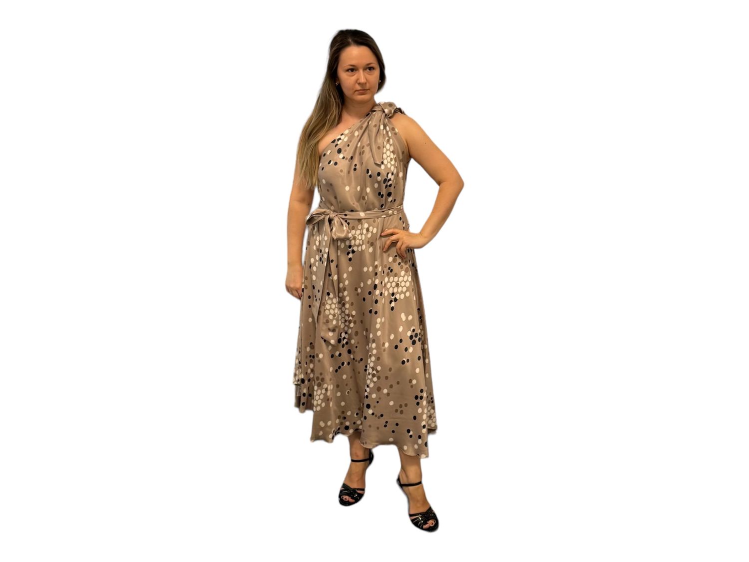 Sommerkleid ALRI by Natia, lang, beige mit Tupfen, 100% 3D-Seide.  Made in Georgia. Handwäsche.