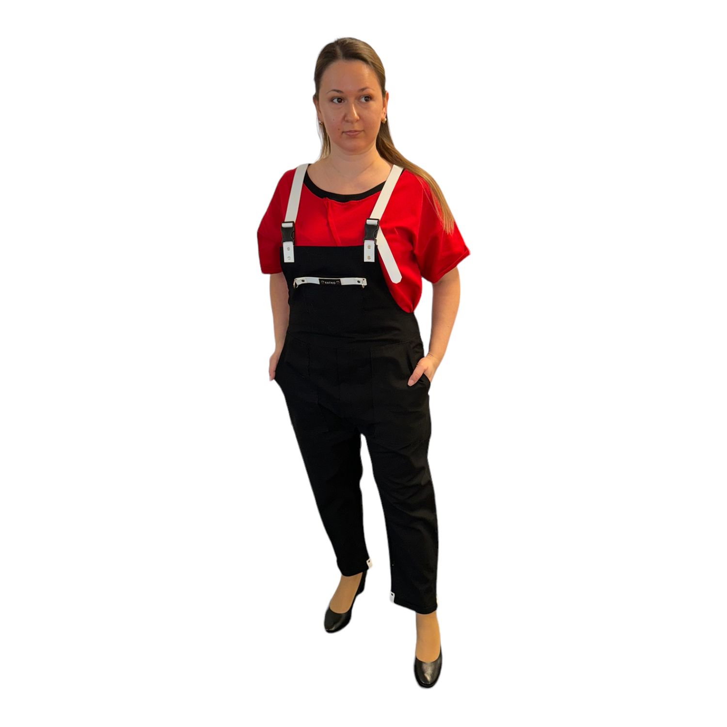 Schwarzer Overall aus Jeansstoff mit weissen Ecolederelementen. One size (von S bis M-L).