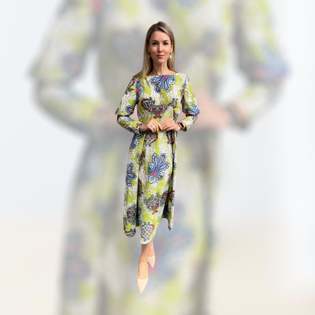 Grünes hauchdünnes Kleid, lang, grün gemustert, one size,  ALRI by Katrin,  made in Georgia,  100% Viskose