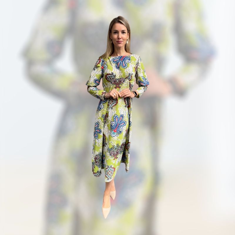 Grünes hauchdünnes Kleid, lang, grün gemustert, one size,  ALRI by Katrin,  made in Georgia,  100% Viskose