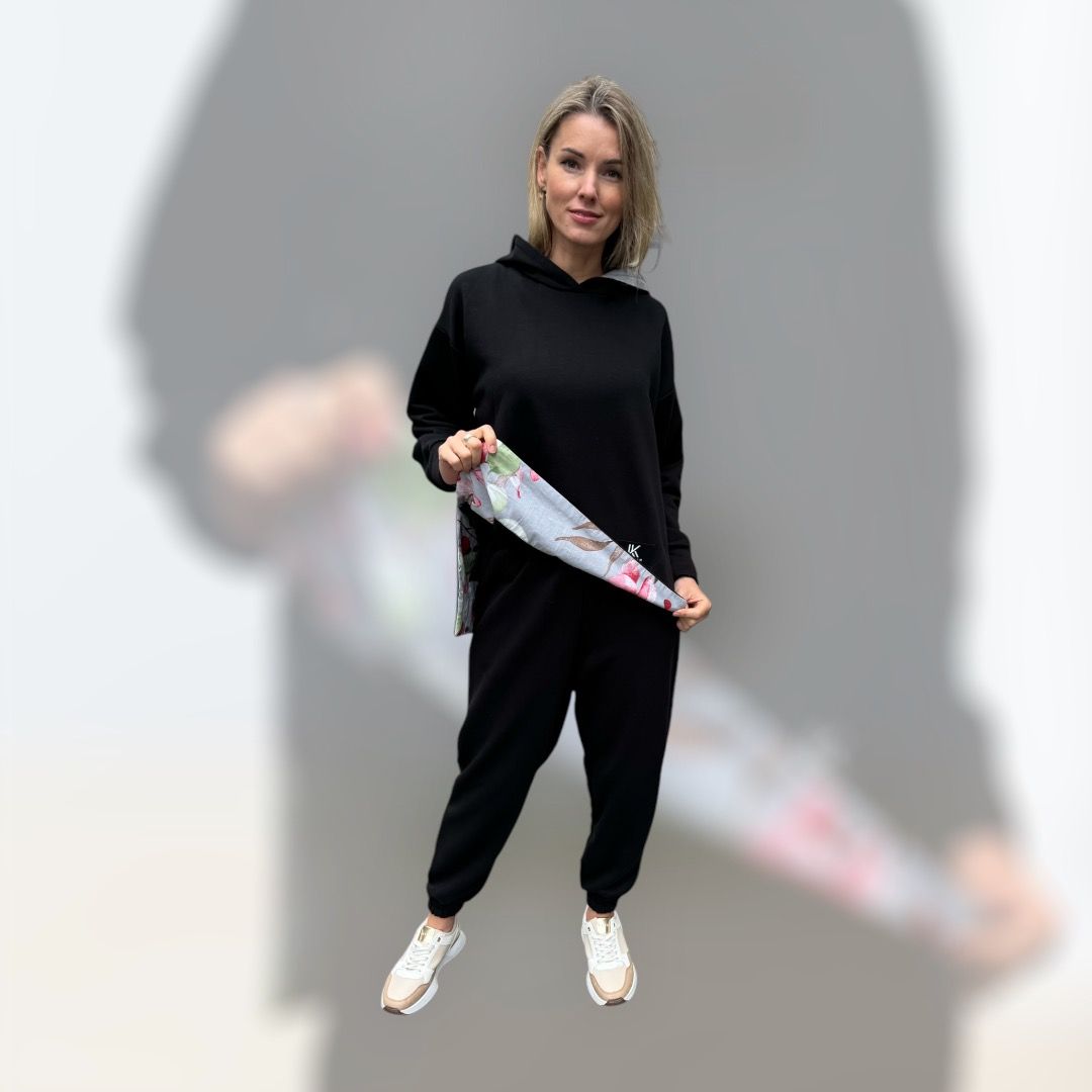2-Teiliges Designer-Outfit Set. Loungewear. Schwarz Mit Bunten Verzierungen Auf Der Innenseite. ALRI By Katrin. Größe L. (Kleingeschnitten).  95% Baumwolle, 5% Viskose.  Made In Georgia.