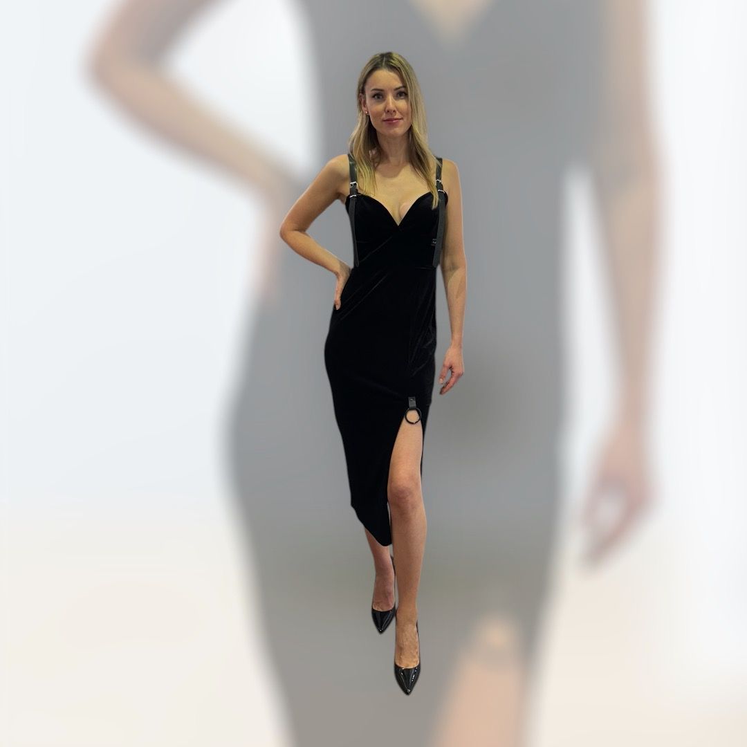 Samtkleid mit ledernen Elementen. Schwarz. Xatko. Gr. S. Made in Georgia.