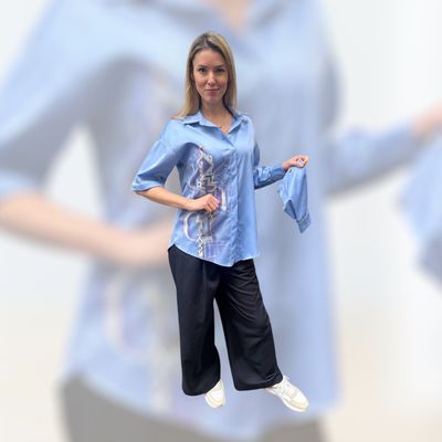 Hemdbluse, ALRI by Baveyan, langarm und kurzarm in einem, blau,  handbemahlt, 100% italienische Baumwolle, Grösse XS,  Made in Armenia