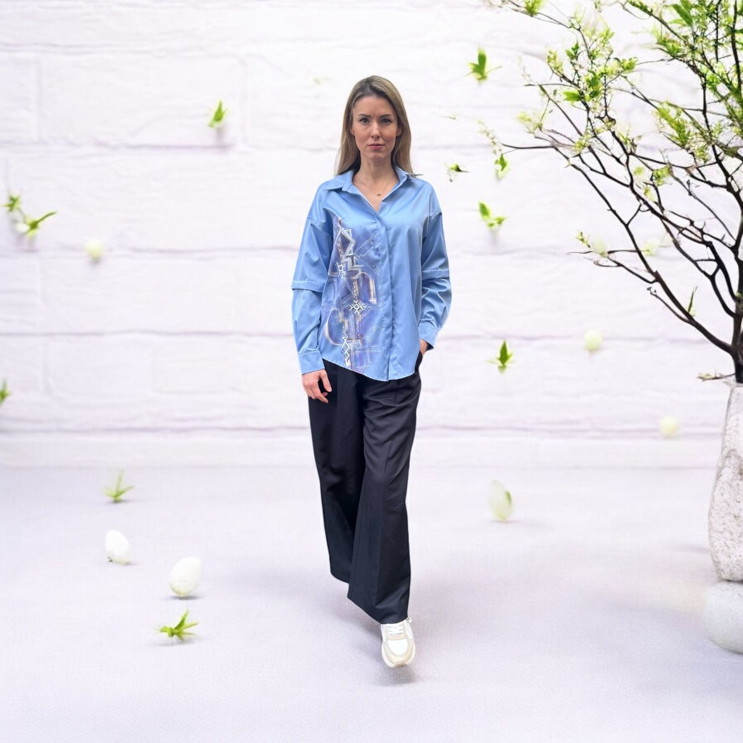 Hemdbluse, ALRI by Baveyan, langarm und kurzarm in einem, blau,  handbemahlt, 100% italienische Baumwolle, Grösse XS,  Made in Armenia