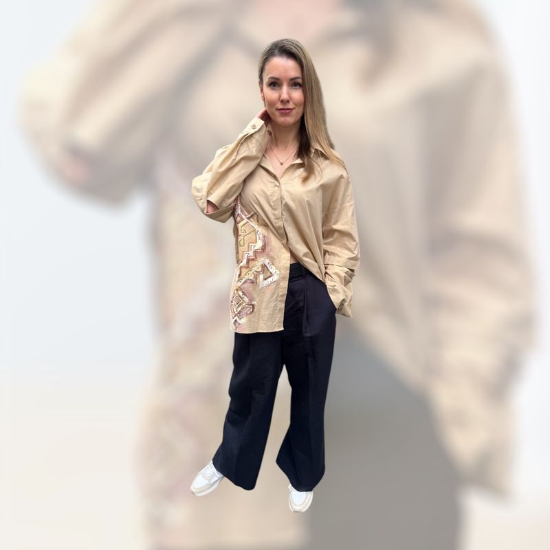 Hemdbluse, beige, langarm und kurzarm in einem, handbemalt, Handwäsche, made in Armenia, Grössen XL, XS