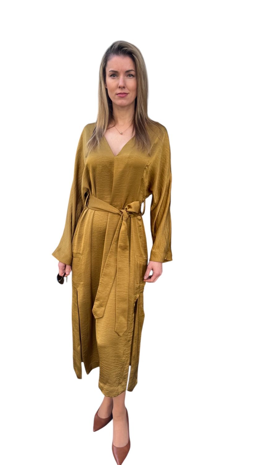 Kleid Senffarbe, Glänzend. Made In Georgia, Grösse M, L, XL , ALRI by Katrin. 50% Wildseide, 50% Viscose