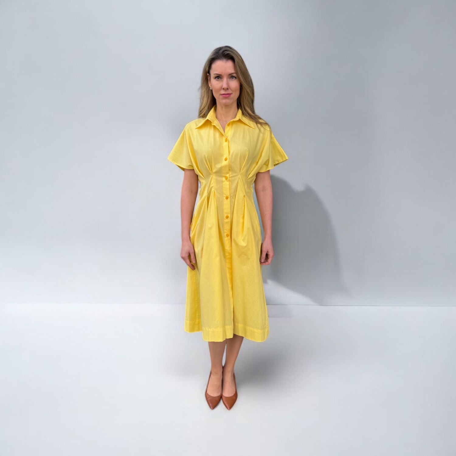 Kleid, gelb, talliiert, Midi, Grösse M, Alri by Natia, made in Georgia, 100 Baumwolle