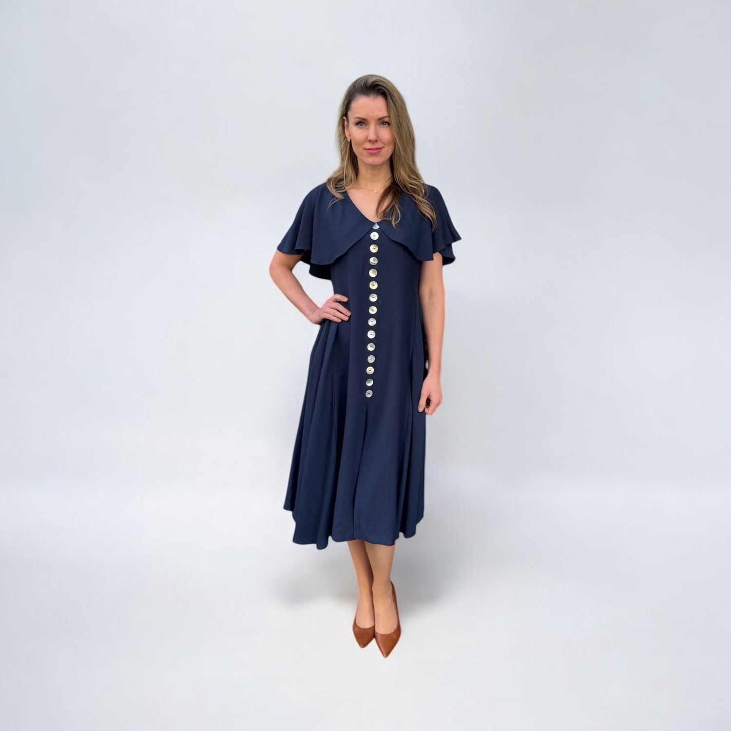 Kleid dunkel-blau ALRI by Natia, 100% Baumwolle, S, M, L, made in Georgia.